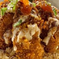 Fried Oyster · Breaded deep fried oysters in spicy mayo, eel sauce and sriracha
