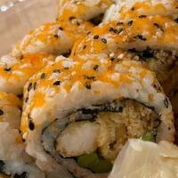 Shrimp Tempura Roll · Shrimp tempura, asparagus, avocado and masago. Raw/undercooked.