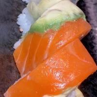 Rainbow Roll · California roll topped with tuna, white fish and avocado. Raw/undercooked.