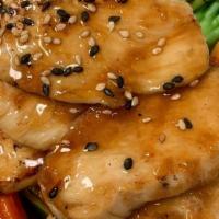 Chicken Teriyaki · Grilled chicken breast with teriyaki sauce served with white rice and miso soup.