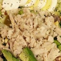 Smoothie Express Chopped Salad  · Turkey, Romaine  mix topped with tomatoes, cucumbers, avocado, hard boiled egg, red onions, ...