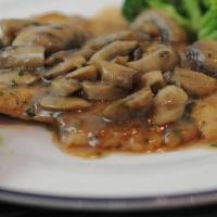 Chicken Marsala · Chicken breast on a marsala brown sauce and mushrooms. Served with side of brocolli, penne p...
