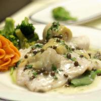 Chicken Picatta · Chicken breast on a lemon, white wine sauce,  topped with capers and artichoke hearts. Serve...