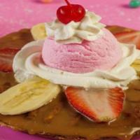 Waffle Banana Strawberries · Caramel or nutella, wipped cream, ice cream.