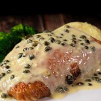 Lemon Caper Piccata Salmon  · Fresh wild caught salmon pan seared and served with two sides.