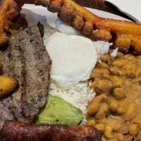Colombian Platter · Popular. Grilled steak or ground beef. Served with fried egg, rice, beans, fried sweet plant...