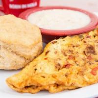Spanish Omelet · Spicy Chorizo sausage, pico de gallo and pepperjack cheese, served with a buttermilk biscuit...