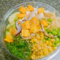 Vegetable Bowl · Tofu, seaweed salad, green onion, avocado, edamame, cucumber, mango, sweet onion, corn, ging...