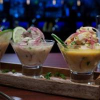 Trilogia De Ceviches · A little taste of the three best Peruvian ceviches, yellow chili ceviche, the typical cevich...