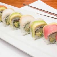 Rainbow Roll · Crab mix, cucumber topped with tuna, salmon, white fish, yellowtail, shrimp, avocado.

Consu...