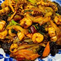 Palbo Jaengban Jjajang-For 2 People (팔보쟁반자장) · Black bean sauced noodle topped with Palbochae (spicy stir-fried shrimp, squid and mussel)