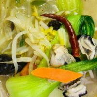 Oyster Jampong Noodle (굴짬뽕) · Mildly spicy noodle soup with oyster and vegetable.