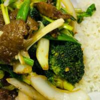 Mongolian Beef With Rice (몽골리안비프) · Stir-fried beef glazed in savory sauce with vegetable.