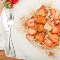 Fresh Fruit Belgian Waffle · Served with your choice of strawberries, blueberries or banana.