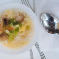Egg Drop Soup · Eggs beaten in a flavorful broth, with carrots, celery, and cabbage.