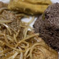 Combo 3 · Pork steak with onions, or fried pork, or pork stew. Cuban rice (congri) and cassava with Cu...