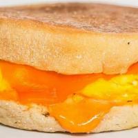 English Muffin, Egg, & Cheddar · 2 scrambled eggs, melted Cheddar cheese, and Sriracha aioli on a toasted English muffin.