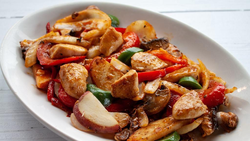 Roasted Garlic Bowl · Your choice of protein with red skin potatoes, mushrooms, yellow onions, roasted red peppers and squash with lemon pepper, Italian herbs, Sesame and Garlic sauce.