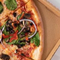 Vegetables Pizza (Whole Pie) · Red sauce, mozzarella, mushrooms, red onions, red and green peppers, spinach, black olives, ...