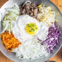 Bi Bim Bob · Rice mixed with Sesame Oil, vegetables, meat, egg.