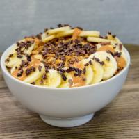 Pb & A · acai, banana and peanut butter. Topped with granola, banana & cacao nibs.