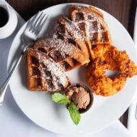 Chicken & Sweet Potato Waffle · Hand battered chicken, paired with our award-winning sweet potato waffle and topped with bro...