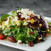Harvest Salad · Mixed greens, roasted corn, dried cherries, bacon, tomatoes, white balsamic vinaigrette, goa...
