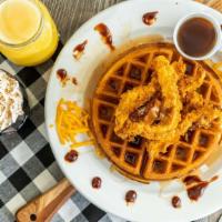 Crispy Chicken & Waffles Benedict · Crispy chicken, waffle and poached eggs.