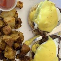 Richman Benedict · Flat iron steak and poached eggs.
