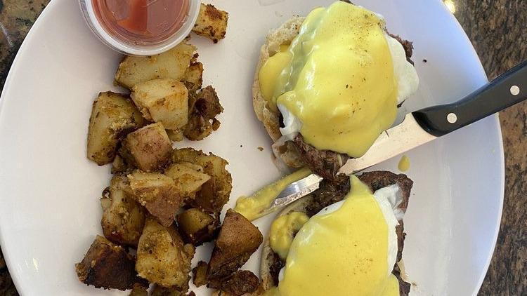 Richman Benedict · Flat iron steak and poached eggs.