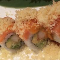 Super Crunch · Shrimp tempura roll topped with smoked salmon, spicy mayonnaise, eel sauce, and crunch.