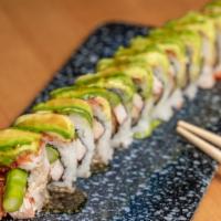Dragon · Roll with tempura shrimp, krabmeat, masago, asparagus, and spicy mayonnaise. Topped with avo...