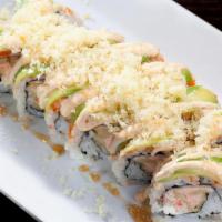 Sexy Mama · Rolled with tempura salmon, krab salad, and cream cheese masago. Topped with avocado, spicy ...
