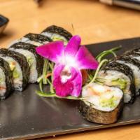 Dynamite Roll · Seaweed outside, raw scallops, masago, avocado, cucumber, and spicy mayonnaise.