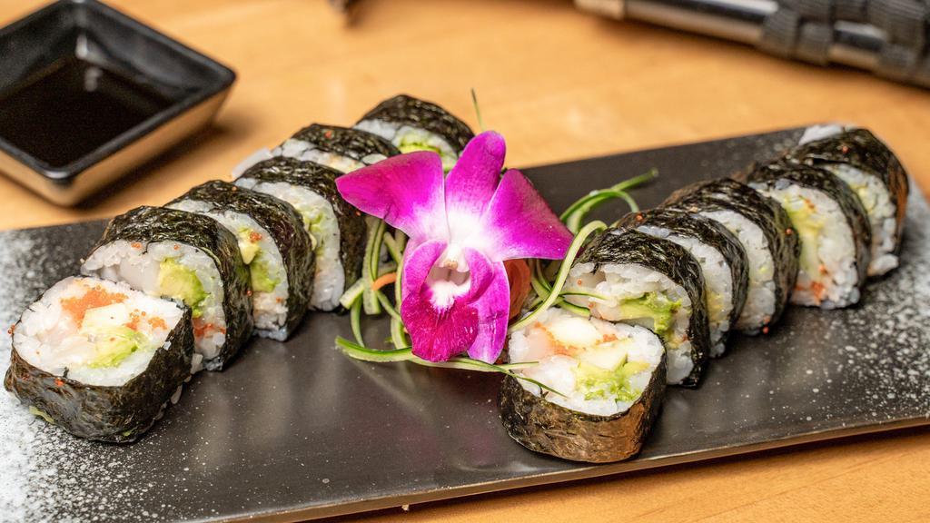 Dynamite Roll · Seaweed outside, raw scallops, masago, avocado, cucumber, and spicy mayonnaise.