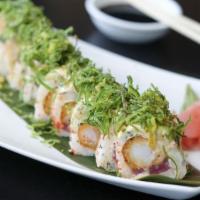 Weeds Roll · Shrimp tempura, tuna, cream cheese, tobiko, scallions, black sesame, yuzu lemon, wrapped in ...