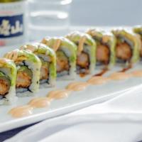 Dragon Roll · Shrimp tempura, asparagus, scallions, and cream cheese w/ avocado on top, spicy mayo, and ee...