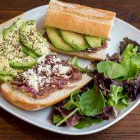 Avocado · Baguette, avocado, grilled red onion, Feta cheese, chia seeds.