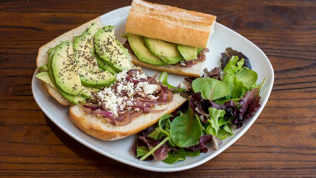 Avocado · Baguette, avocado, grilled red onion, Feta cheese, chia seeds.
