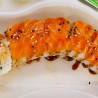 Salmon Crunch · Fresh salmon, marinated crunch, masago, with eel sauce