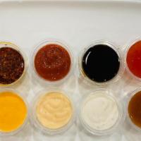 Sauce Per Each · chilli oil, eel sauce, spicy hot sauce, sweet chilli sauce, spicy mayo, yum yum sauce,
Ranch...