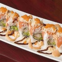 Sr15. Salmon Crunch Roll · Shrimp tempura cucumber, avocado,  top crab (imitation) salad, fresh salmon, crunch, masago,...