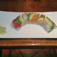 Sr12. Rainbow Roll · California roll, top fresh tuna, salmon,  avocado, izumidai.

Consuming raw or undercooked m...