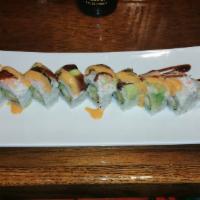Sr16. Shrimp Crunch Roll · Shrimp tempura, cucumber, avocado, crab (imitation) salad, top steam shrimp, avocado, eel sa...
