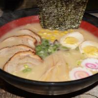 Miso Ramen · Traditional Japanese miso broth base, thin noodles, tapped with pork belly chashu, seasoned ...
