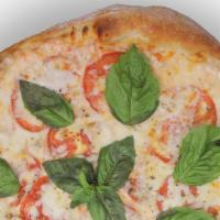 Margherita · Pizza sauce, mozzarella, tomatoes, fresh basil and oregano.