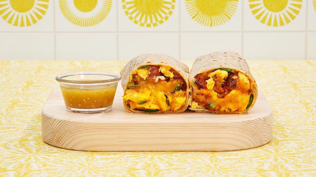 Spicy Hot Breakfast Burrito · Two scrambled eggs, jalapenos, breakfast potatoes, sriracha and melted cheese wrapped in a fresh flour tortilla.