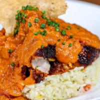 Chicken Tikka Masala · Thigh - spices - creamy tomato sauce - jasmine rice.