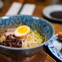 Hiyashi Chuka · Fresh noodle topped with house special chashu pork. Carrot, wood ear mushrooms scallions, an...