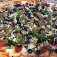 Large Pizza Stop Special · Pepperoni, extra cheese, mushrooms, onions, sausage, green peppers, black olives (anchovies ...